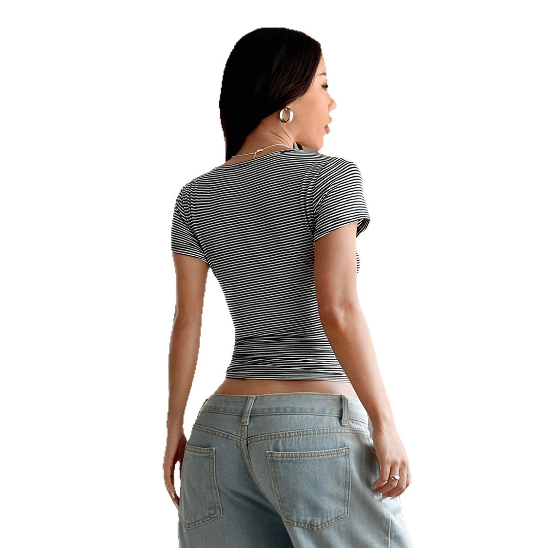 Damen Figurbetontes Kurzarm-Oberteil mit Knopfdetails Drune