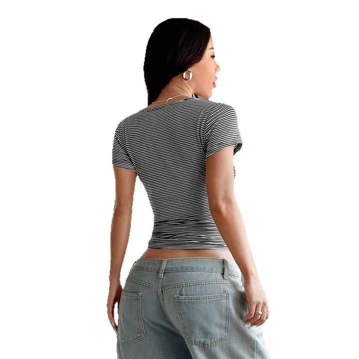 Damen Figurbetontes Kurzarm-Oberteil mit Knopfdetails Drune