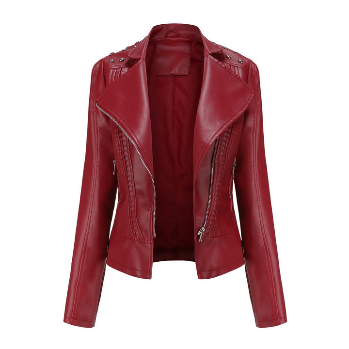 Damen nan taillierte Bikerjacke aus Kunstleder mit Nieten und asymmetrischem Reißverschluss Drune