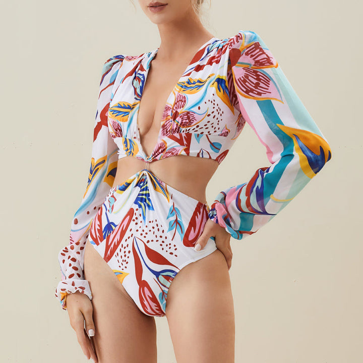 Damen Bikiniset mit langärmliger Bluse und trendy Muster Drune