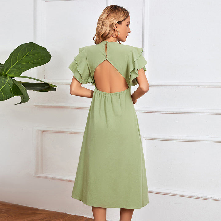 Damen Midikleid mit voluminösen Rüschendetails und tiefem V-Ausschnitt Drune