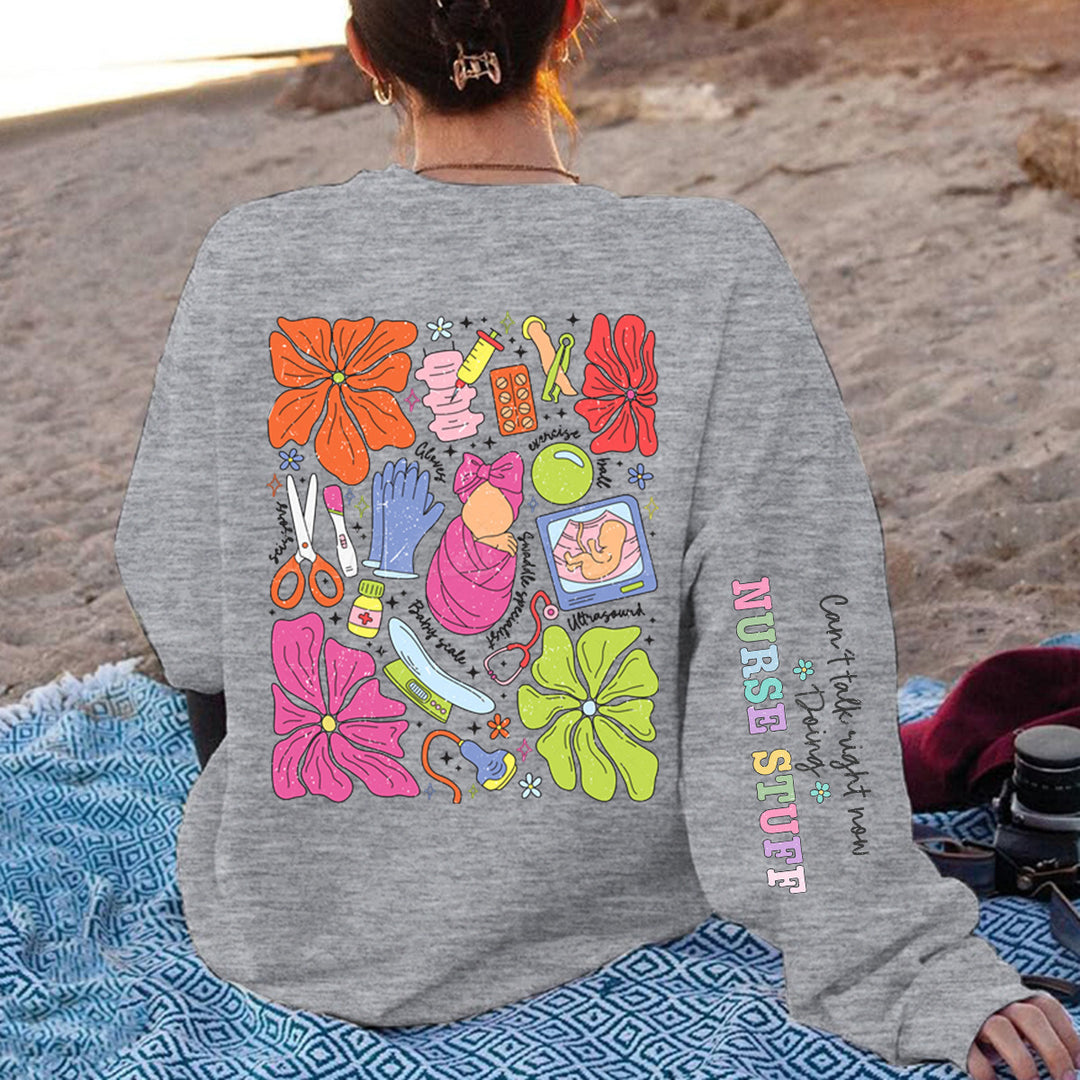 Damen Sweatshirt mit buntem Grafikdesign und originellem Pflege-Motiv Drune