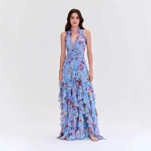 Damen Maxikleid mit voluminösen Rüschendetails und floralem Design Drune
