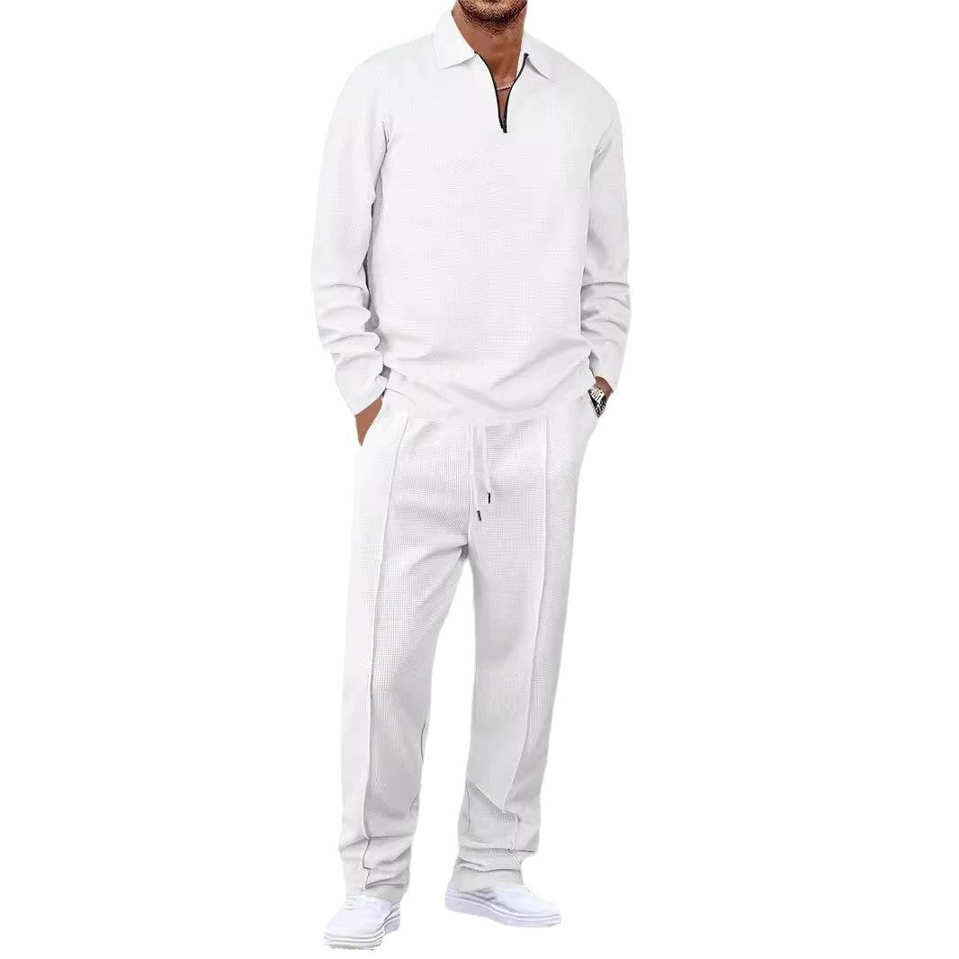Unisex nan Waffelstruktur Freizeit-Set mit Halbzip-Poloshirt und elastischer Bundhose Drune