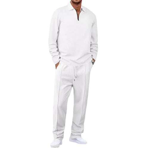 Unisex nan Waffelstruktur Freizeit-Set mit Halbzip-Poloshirt und elastischer Bundhose Drune