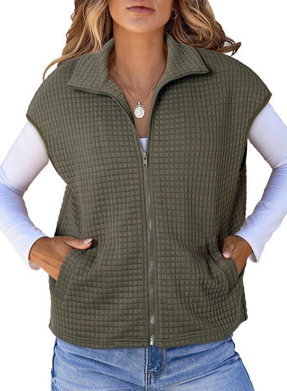 Damen Leichte Waffelstrick Weste mit Taschen und Stehkragen Drune