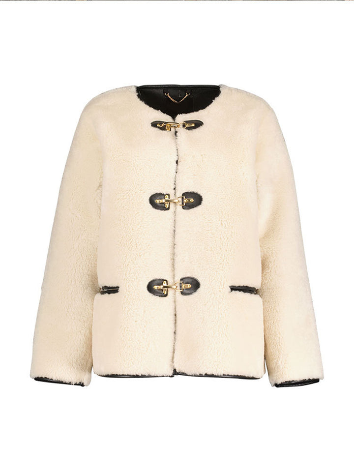Damen kuschelige Teddy-Jacke mit hochwertiger Lederverarbeitung Drune