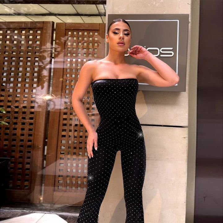Damen schulterfreier Jumpsuit mit eleganten Pailletten und Schuhschnallen Drune