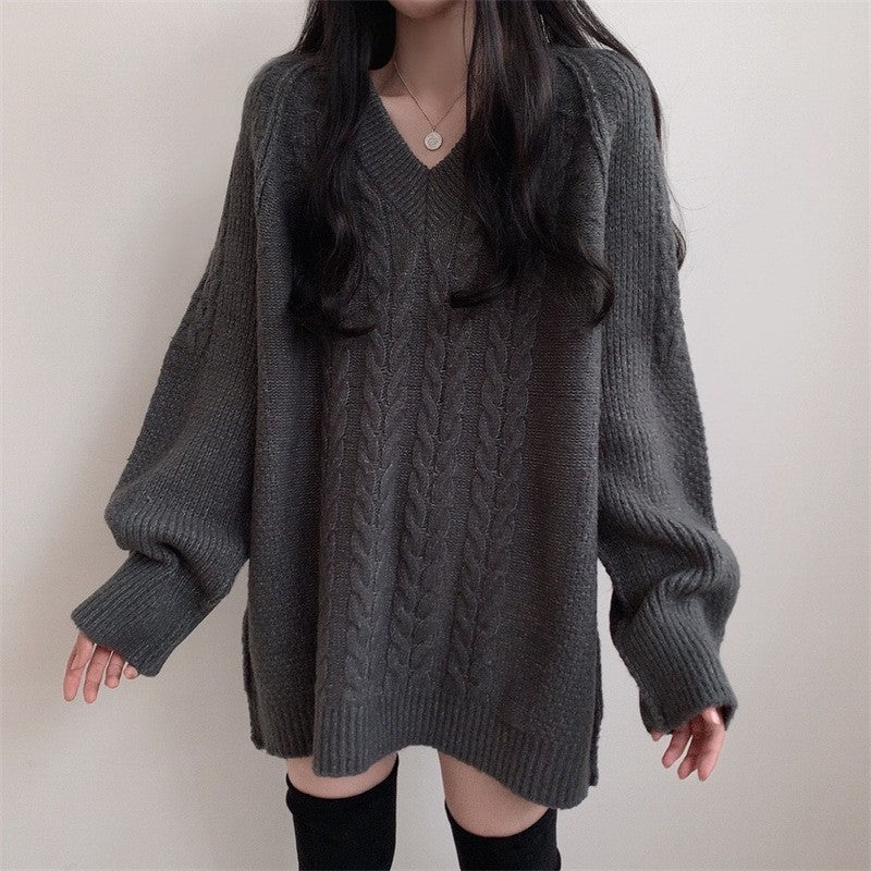 Damen Großer Strickpullover mit Zopfmuster und V-Ausschnitt Drune