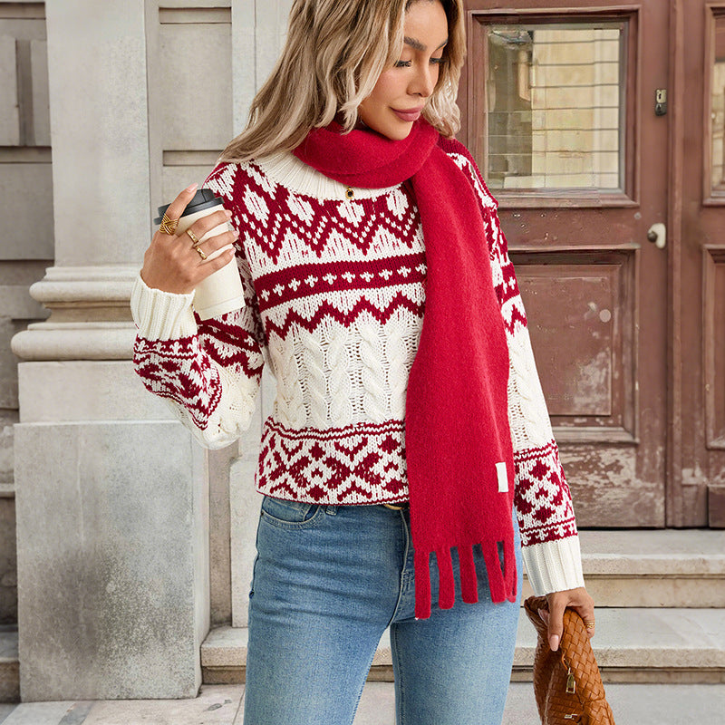 Damen gestrickter Pullover mit grafischem Norweger-Muster und hochgeschlossenem Kragen Drune
