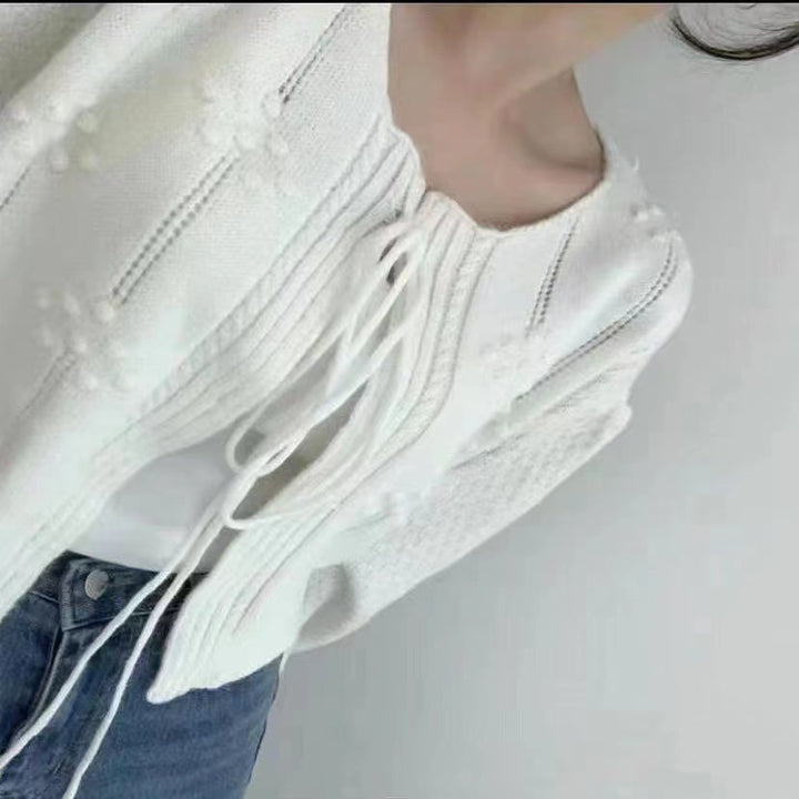 Damen modischer Pullover mit dekorativen Bändchen und strukturiertem Muster Drune