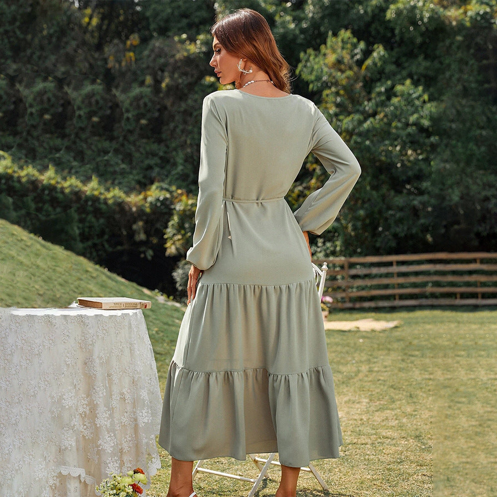 Damen Maxi-Kleid mit eleganten Puffärmeln und tailliertem Schnitt Drune