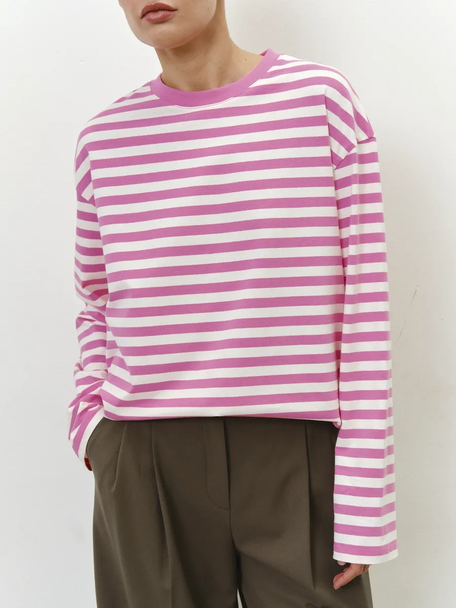 Damen bequemes Streifen-T-Shirt mit langen Ärmeln Drune