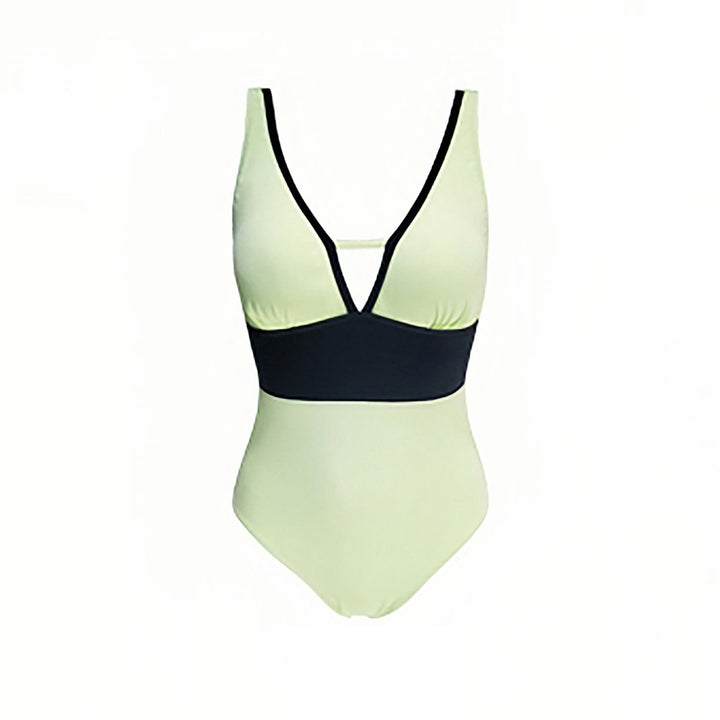 Damen Einteiler Badeanzug mit tiefem V-Ausschnitt und kontrastierenden Details Drune