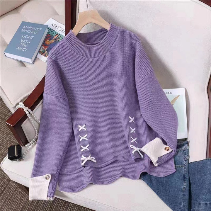Damen lässiger Strickpullover mit dekorativen Schleifen und Knopfdetails Drune