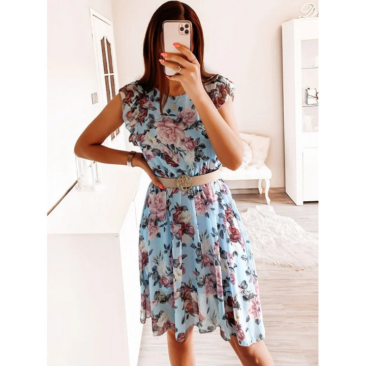 Damen Sommerliches Blumenkleid mit Rüschendetails und Taillengürtel Drune