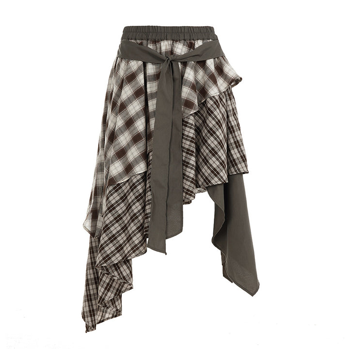 Damen asymmetrischer Wickelrock mit Karomuster und breitem Bindegürtel Drune