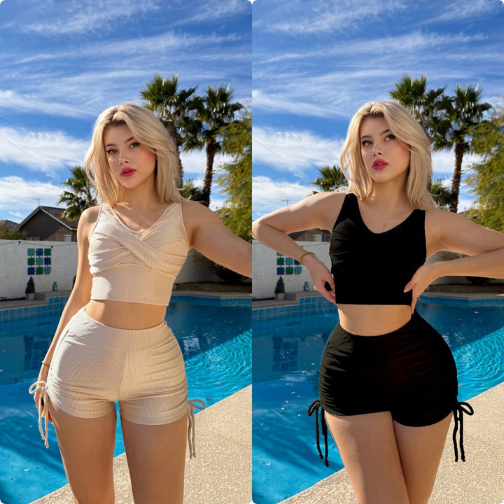 Damen Sportliches Crop-Top und Shorts Set Drune