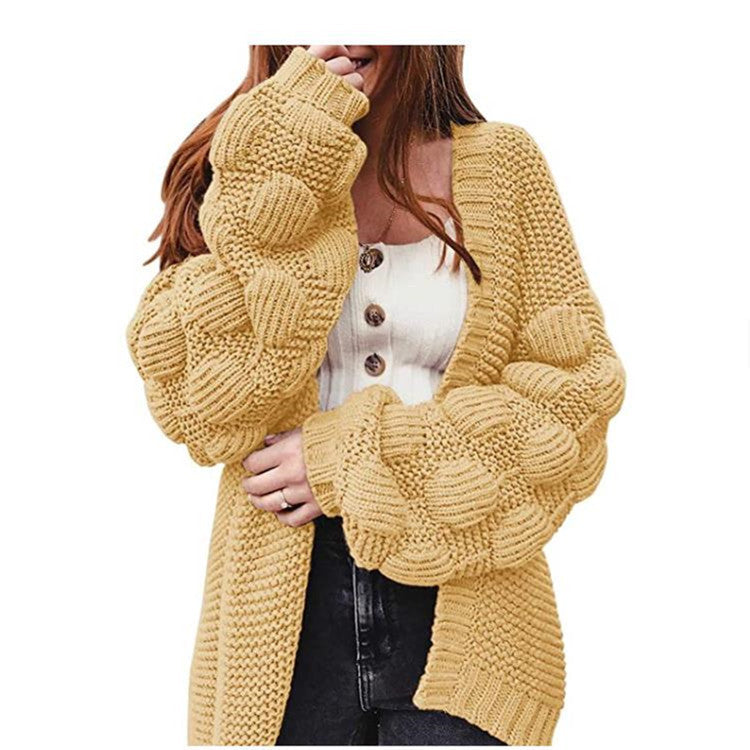 Damen Grobstrick-Cardigan mit voluminösen Puffärmeln und elegantem V-Ausschnitt Drune
