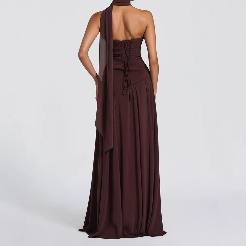 Damen elegantes maxikleid mit schulterfreiem Design und raffinierten Drapierungen Drune