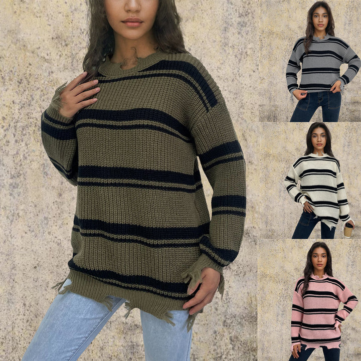 Damen Oversized Strickpullover mit trendigem Streifenmuster und Fransendetails Drune