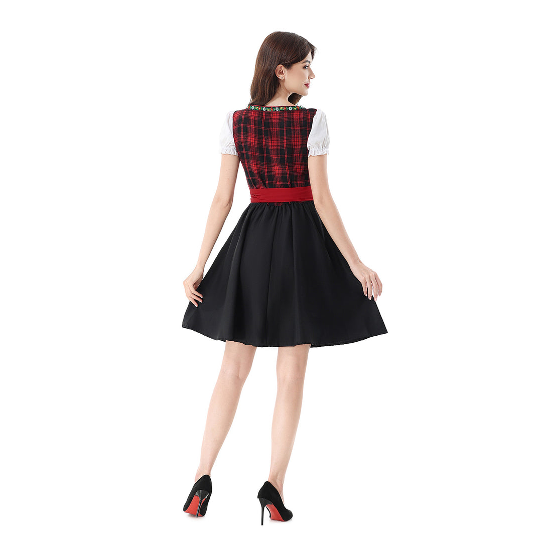 Damen nan traditionelles Dirndlkleid mit kariertem Mieder, Schnürung, Puffärmeln und Schürze Drune