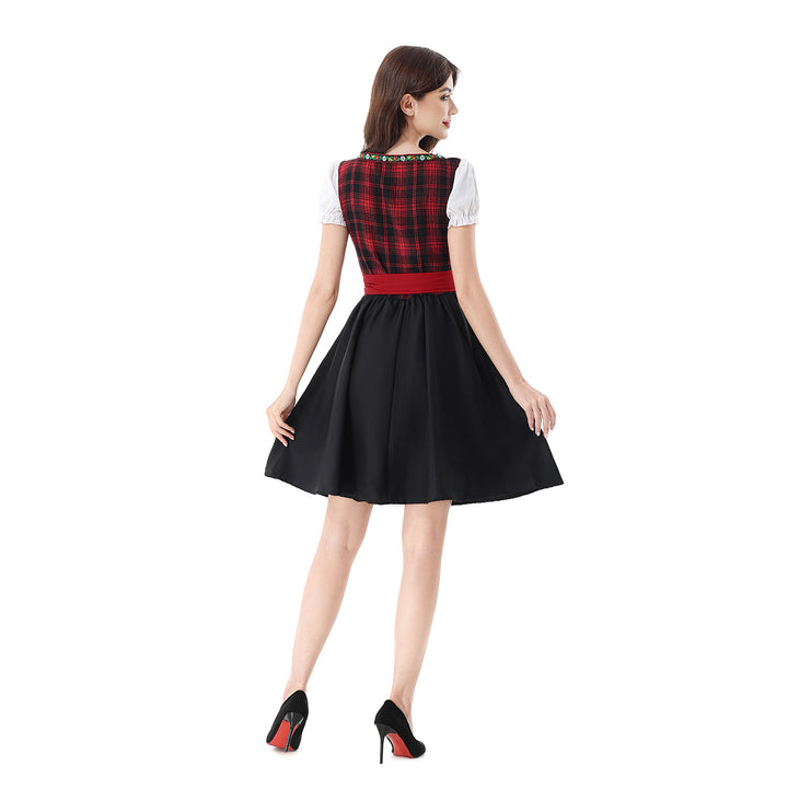 Damen nan traditionelles Dirndlkleid mit kariertem Mieder, Schnürung, Puffärmeln und Schürze Drune