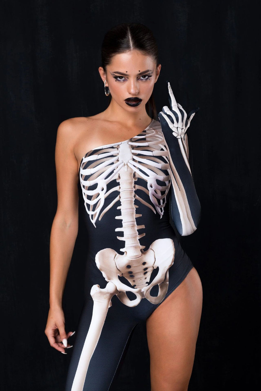 Damen Figurbetonter Bodysuit mit kreativem Skelettdesign und asymmetrischem Schnitt Drune