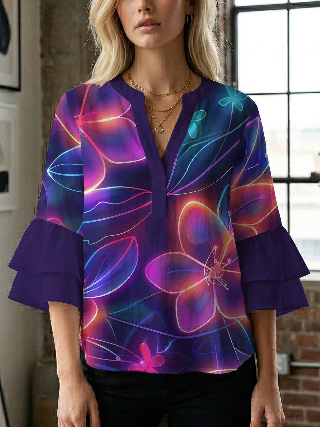 Damen Bluse mit voluminösen Rüschenärmeln und floralem Muster Drune