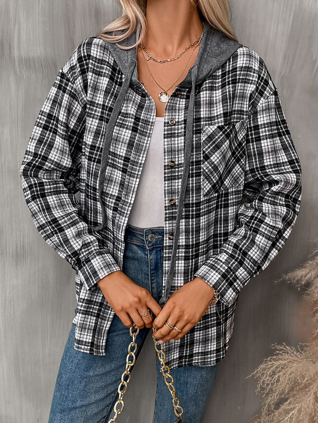 Damen lässige Flanelljacke mit Kapuze Drune