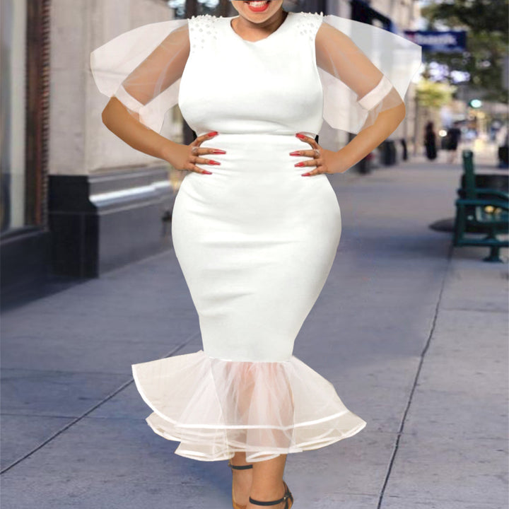Damen elegantes figurbetontes Kleid mit Tüllärmeln und Rüschenabschluss Drune