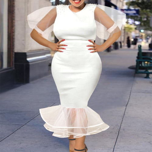 Damen elegantes figurbetontes Kleid mit Tüllärmeln und Rüschenabschluss Drune
