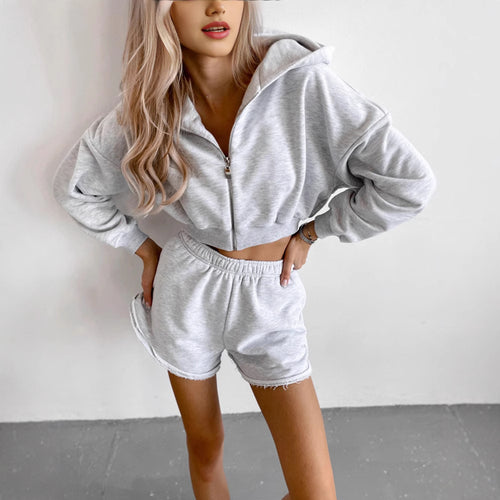 Damen lässiger Hoodie und Shorts-Set mit elastischem Bund und Vorderreißverschluss Drune