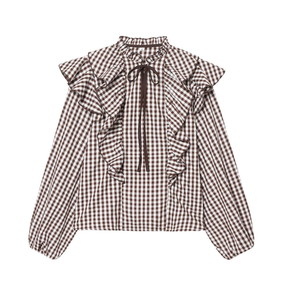 Damen Rüschenshirt mit klassischen Karomuster und eleganten Bindebändern Drune