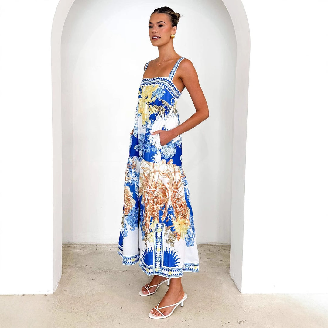 Damen Maxi-Strandkleid im floralen Design mit verstellbaren Spaghettiträgern Drune