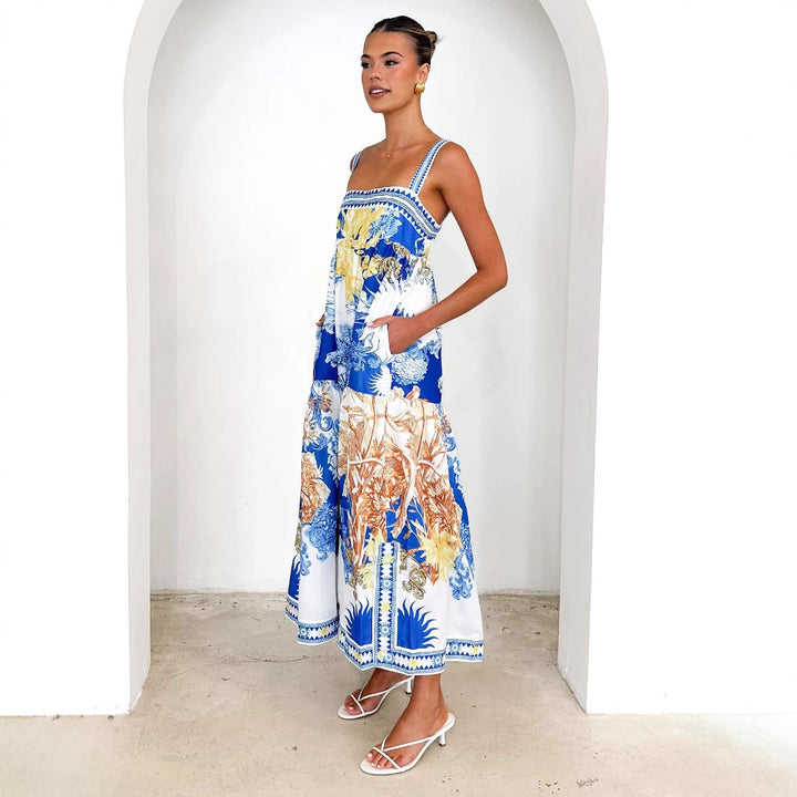 Damen Maxi-Strandkleid im floralen Design mit verstellbaren Spaghettiträgern Drune