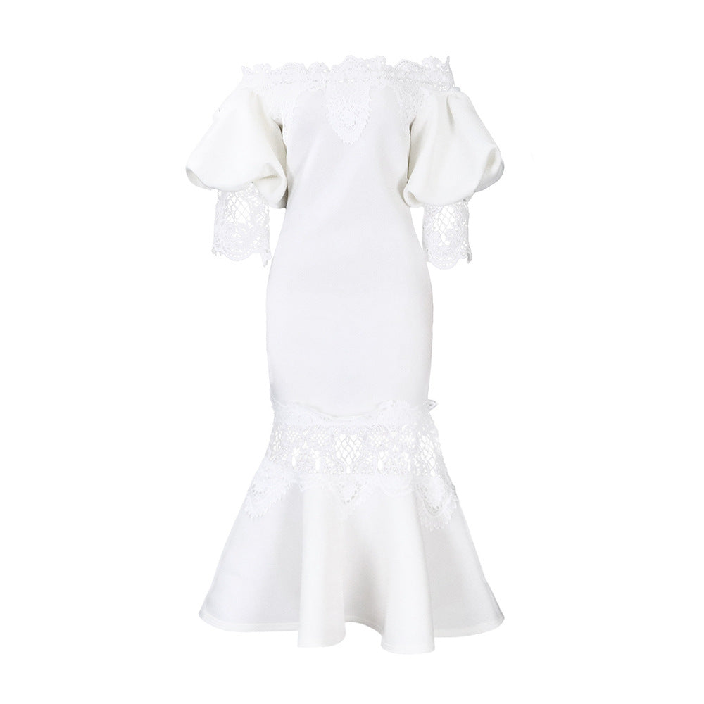 Damen Spitzenkleid im eleganten Meerjungfrauenschnitt mit voluminösen Ärmeln Drune
