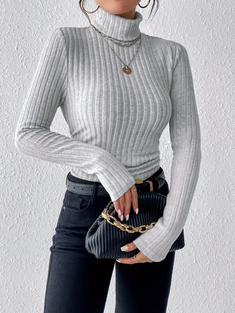 Damen elegantes Rippstrick-Oberteil mit hohem Kragen und längerem Schnitt Drune