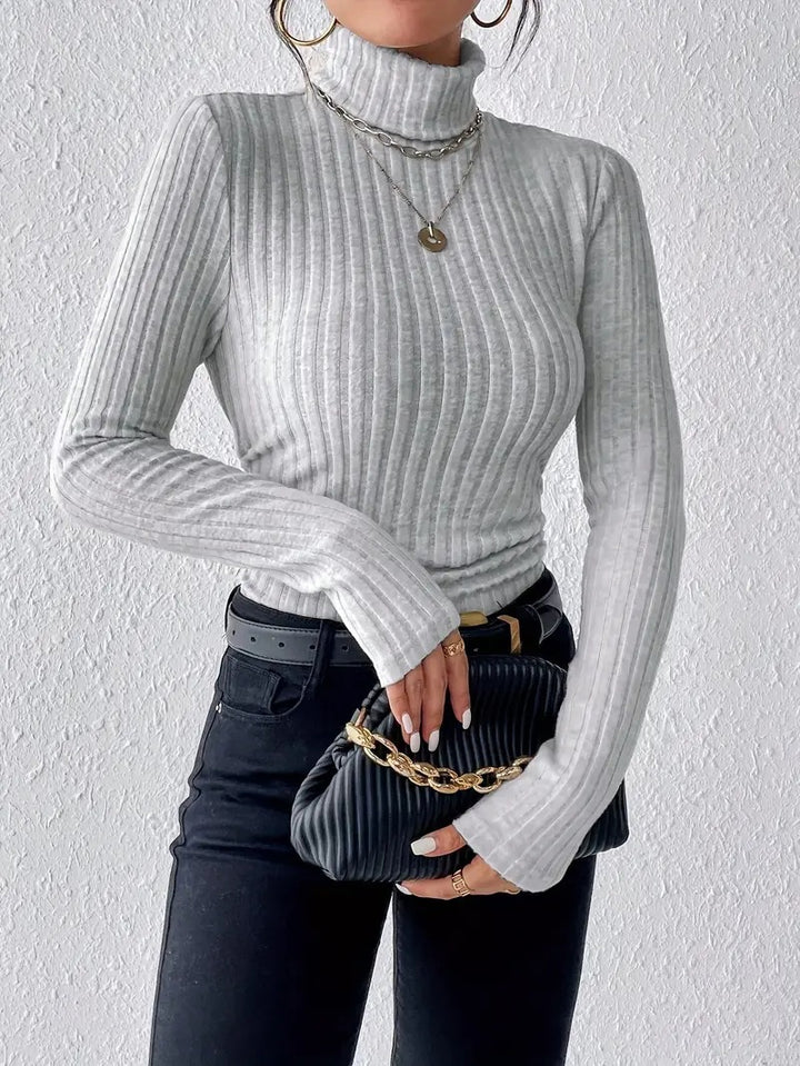 Damen elegantes Rippstrick-Oberteil mit hohem Kragen und längerem Schnitt Drune