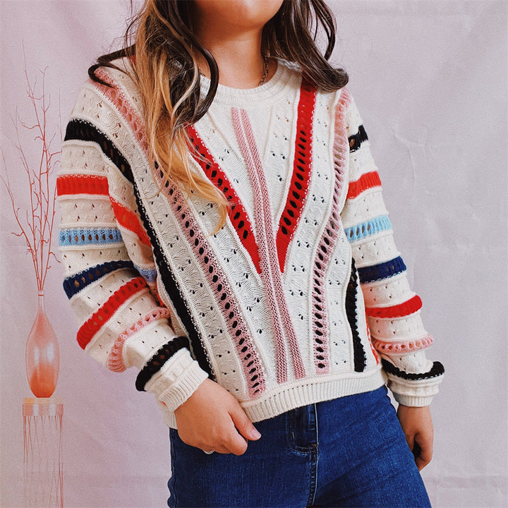 Damen modischer Pullover mit farbenfrohem V-Ausschnitt und strukturiertem Strickdesign Drune