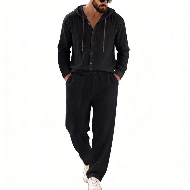 Herren nan legeres Kapuzen-Lounge-Set mit Knopfleiste, Kordelbundhose und seitlichen Eingrifftaschen Drune