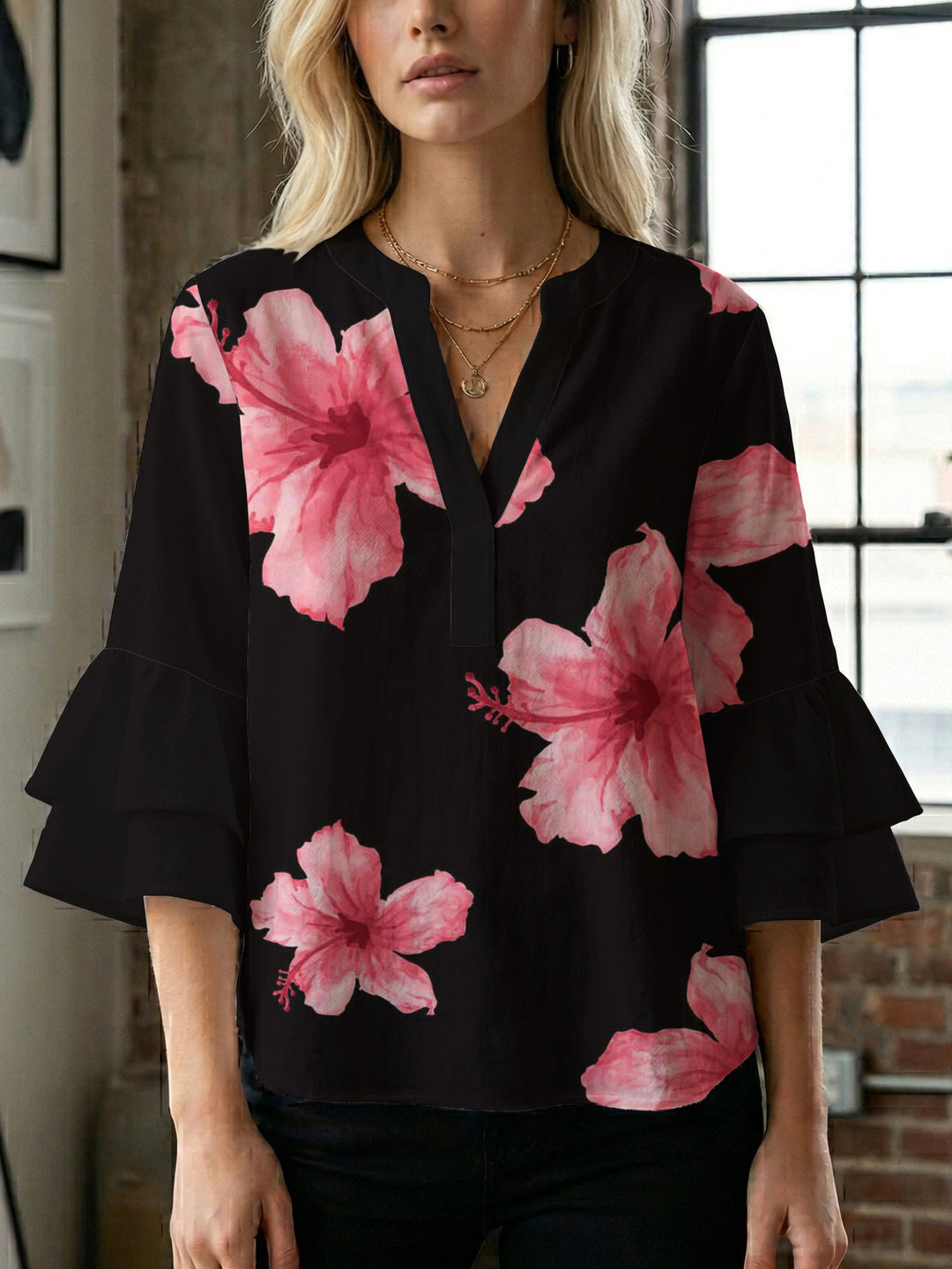 Damen Bluse mit voluminösen Rüschenärmeln und modernem Motiv Drune