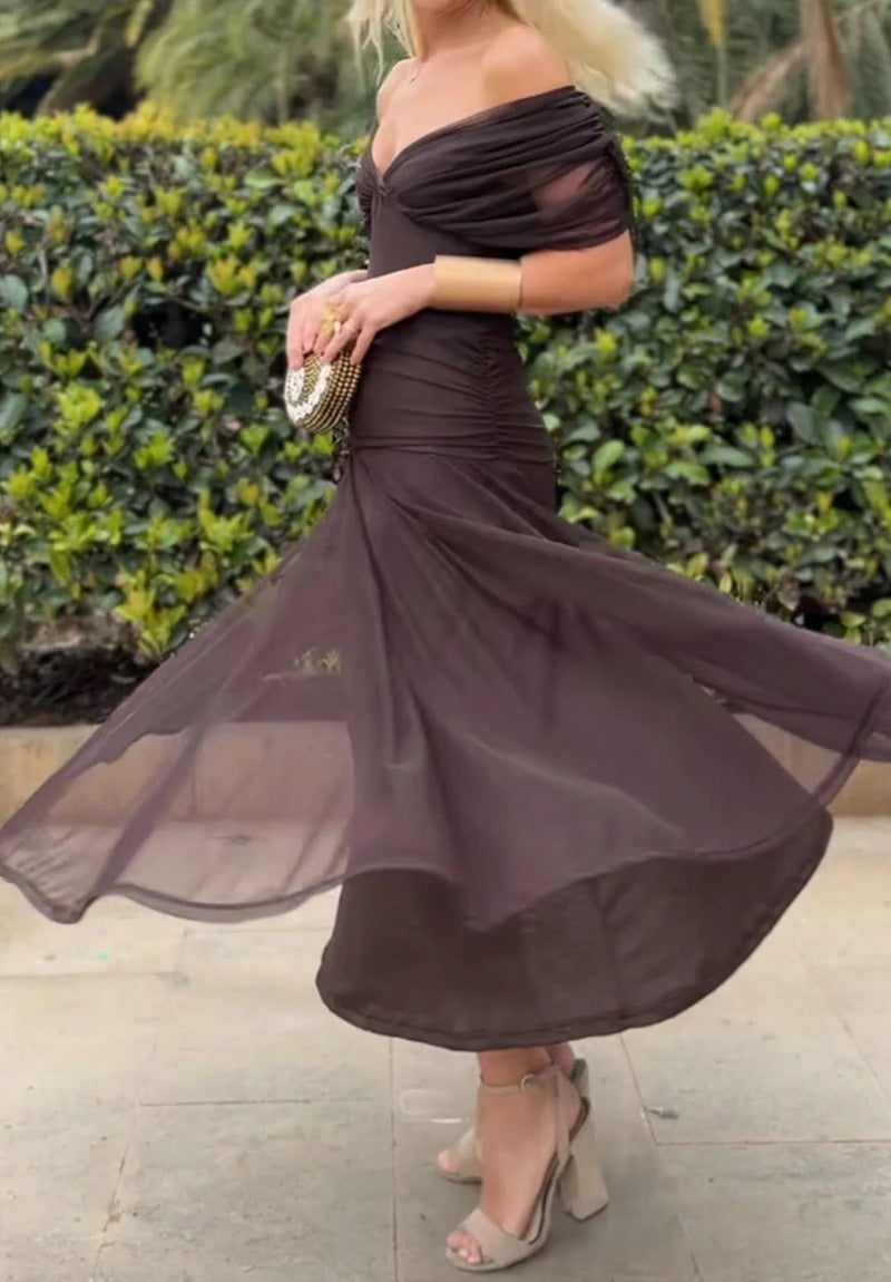 Damen nan fließendes Abendkleid mit transparentem Chiffon-Capelet, V-Ausschnitt und taillierter Drapierung Drune