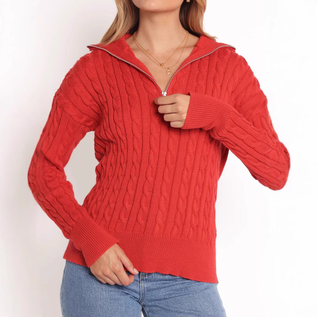 Damen Strickpullover mit elegantem Kabelmuster und modischem Stehkragen Drune