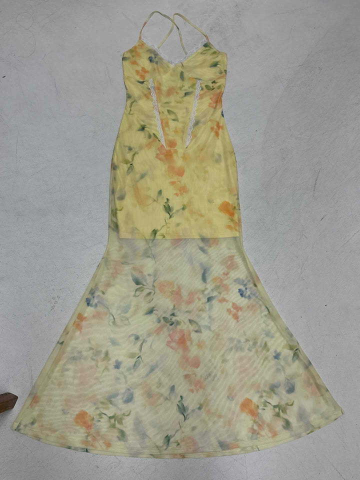 Damen Blumen Maxikleid mit raffinierten Spaghettiträgern und Spitzen-Akzenten Drune