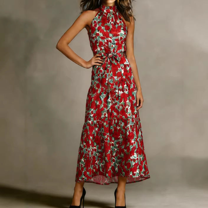 Damen Maxikleid mit floralem Schnitt und schmalem Taillengürtel Drune