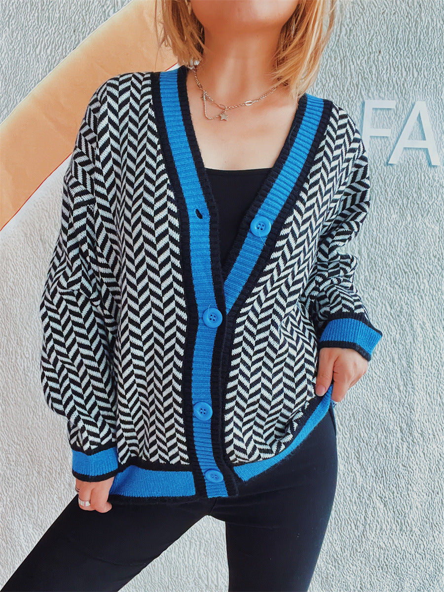 Damen Übergroße Strickjacke mit auffälligem Zickzackmuster und bunten Knöpfen Drune