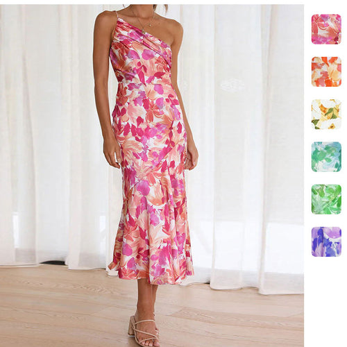 Damen Elegantes Maxikleid mit asymmetrischem Träger und floralem Design Drune