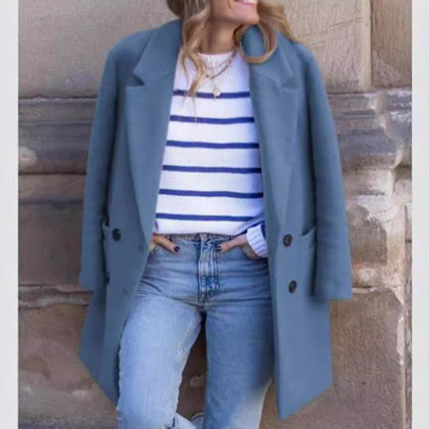 Damen eleganter und warmer Wollmantel mit doppelter Knopfleiste Drune