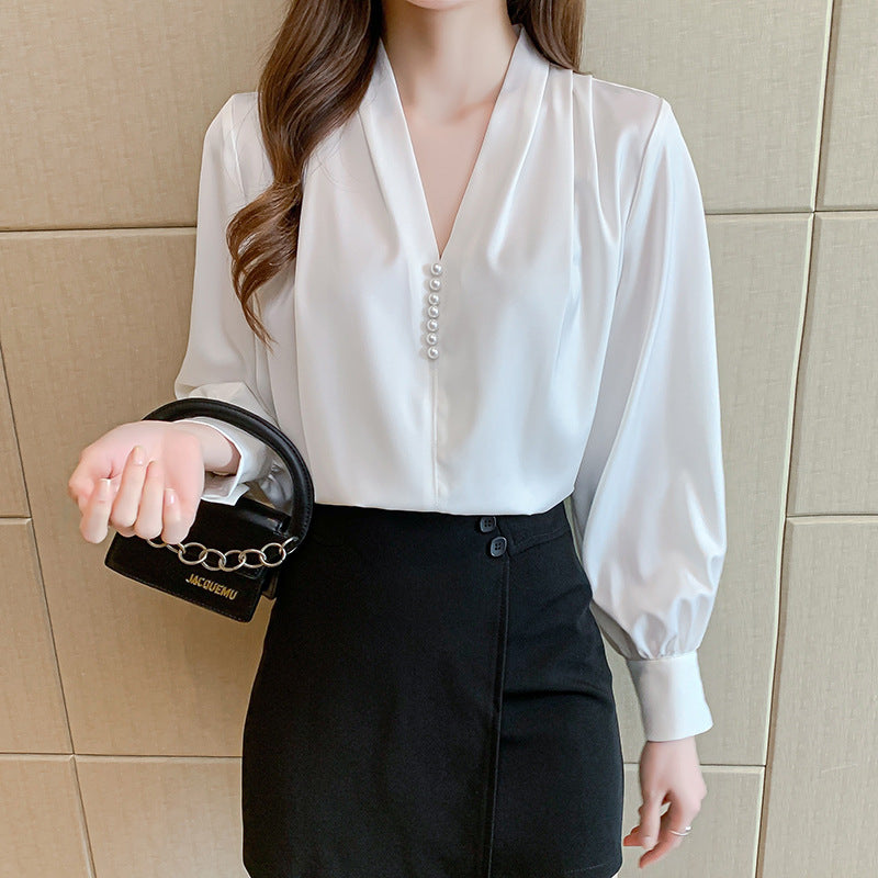 Damen elegante Bluse mit Rüschenärmeln und perlverzierten Knöpfen Drune